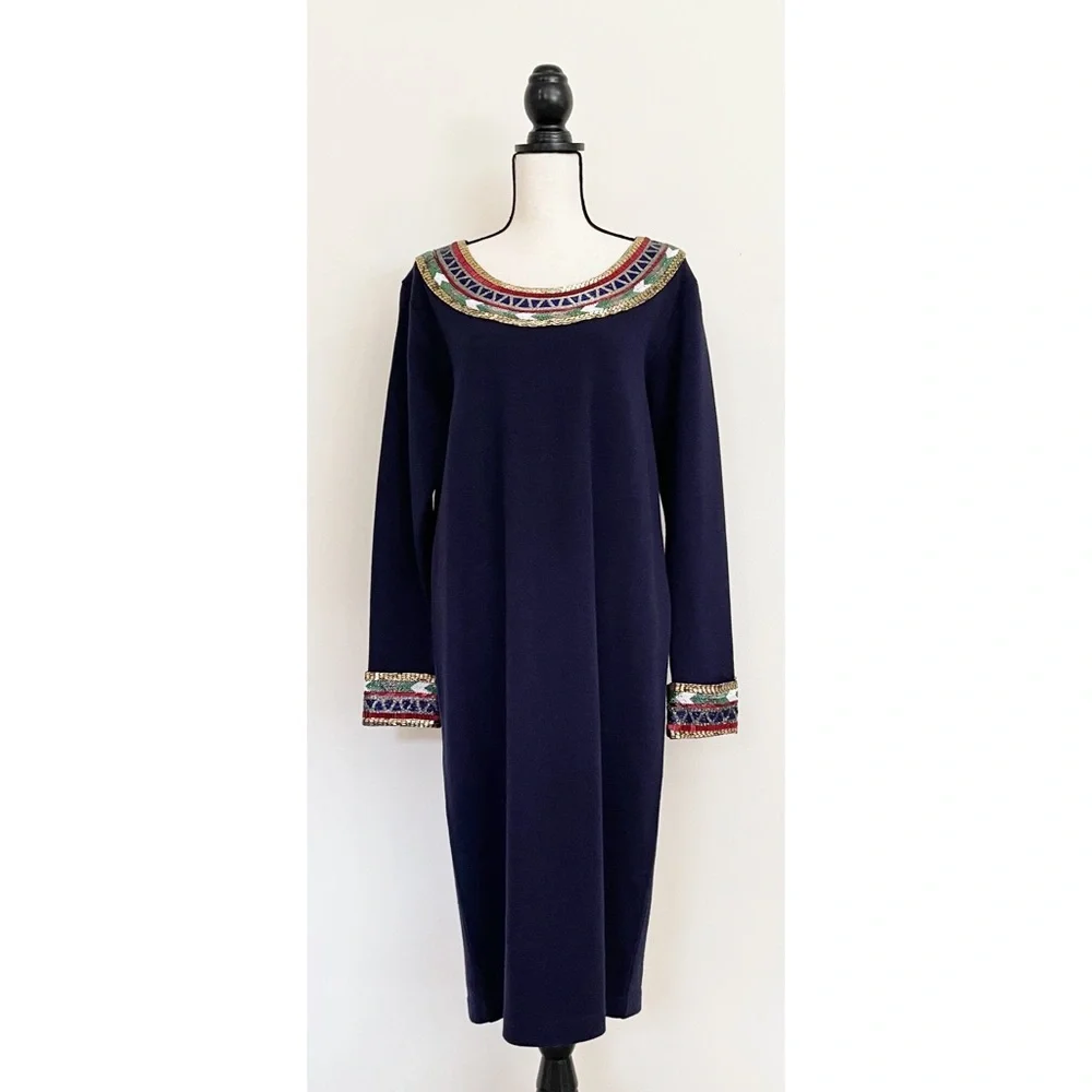 Vintage 80s Wool Beaded Midi Dress - Picture 2 of 6